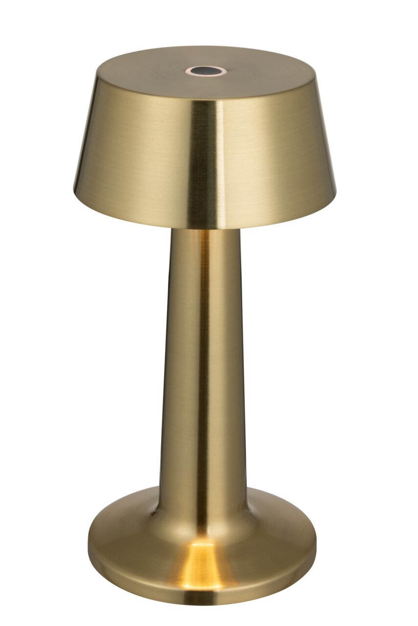 Gouden accu-tafellamp in een moderne, cilindrische vorm, zijaanzicht
