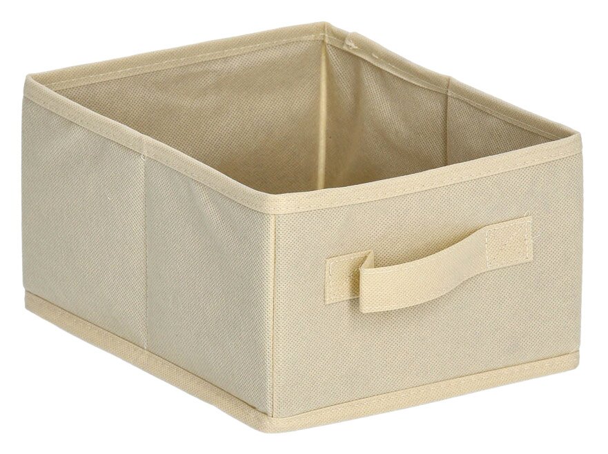 Beige Aufbewahrungsbox aus Stoff mit Griff, seitliche Perspektive