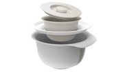 Set mengkommen in grijs, bestaande uit in elkaar gestapelde kommen met deksels, zijaanzicht