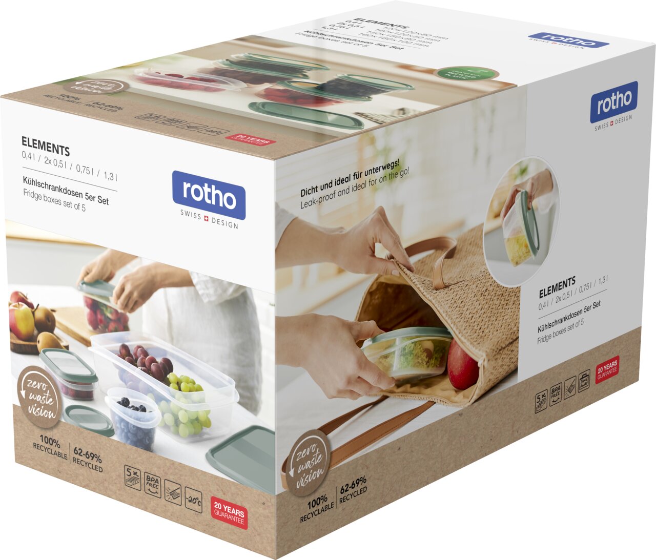 Verpackung des Frischhaltedosen-Sets von Rotho, 5-teilig, mit verschiedenen Größen, aus recyceltem Material, ideal für unterwegs, seitliche Perspektive.