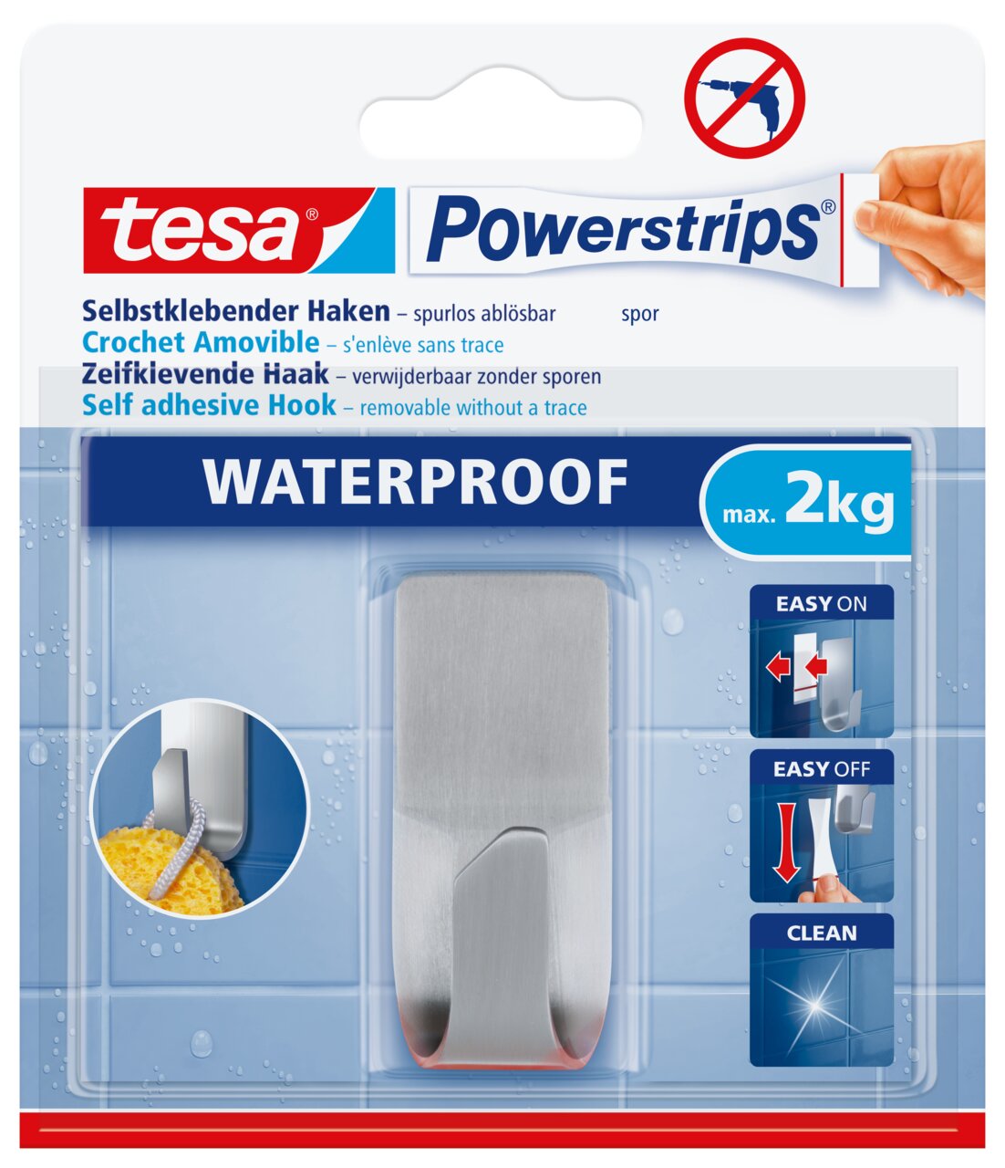 Verpakking van de zelfklevende haak tesa Powerstrips Waterproof, geschikt voor maximaal 2 kg, in vooraanzicht.