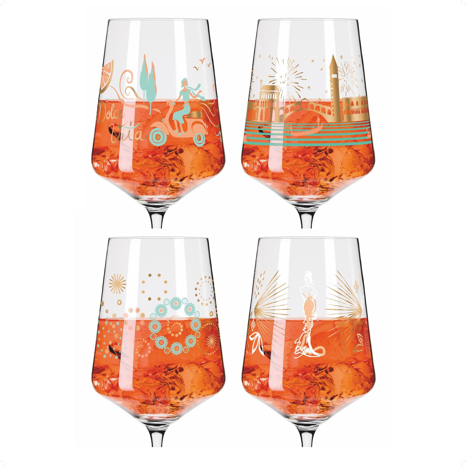 Vier elegante Gläser mit sommerlichen Motiven und orangefarbenem Getränk, von vorne betrachtet.