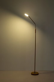 Schlanke LED-Stehleuchte mit rundem Fuß und flexiblem Schwanenhals, warmweiß leuchtend, freigestellt vor heller Wand in frontaler Ansicht