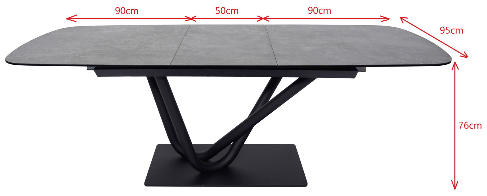 Moderner Esstisch mit grauer Tischplatte und schwarzem, geschwungenem Metallgestell, seitliche Perspektive.