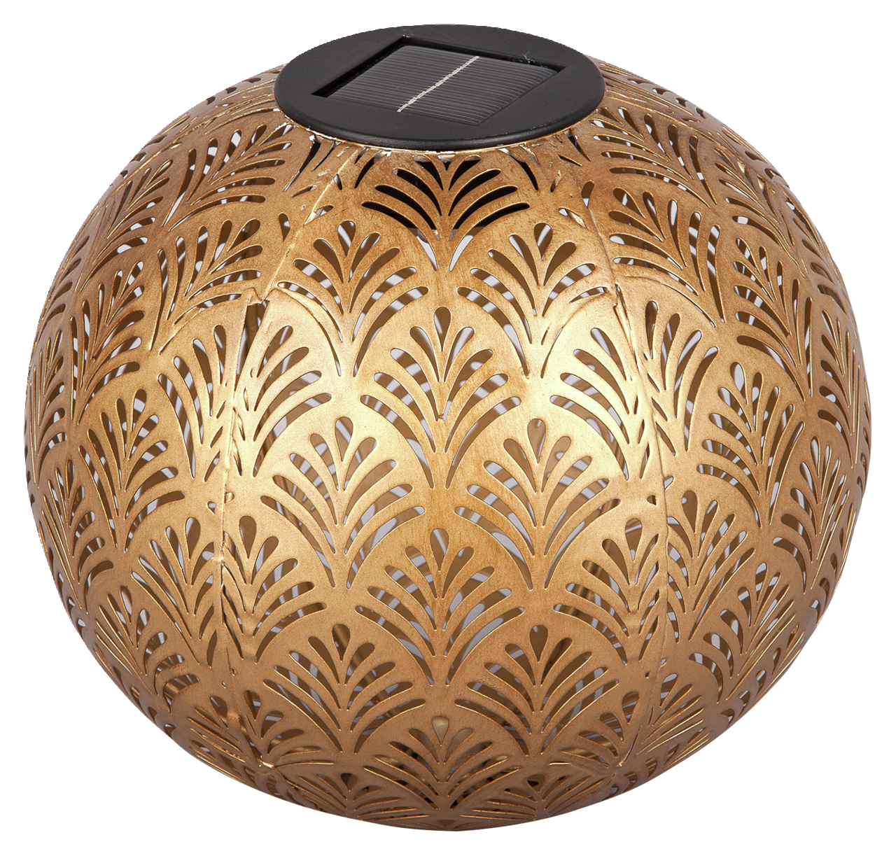 Goldene Solarleuchte mit filigranem Muster, seitliche Perspektive