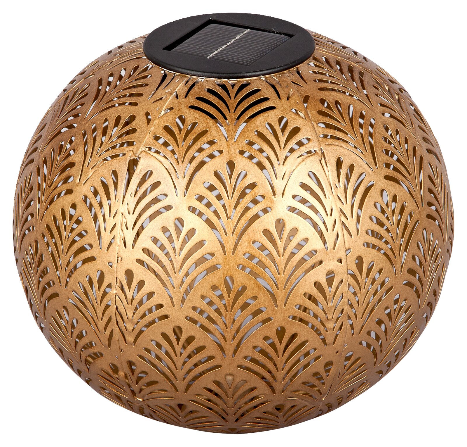 Goldene Solarleuchte mit filigranem Muster, seitliche Perspektive