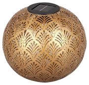 Goldene Solarleuchte mit filigranem Muster, seitliche Perspektive