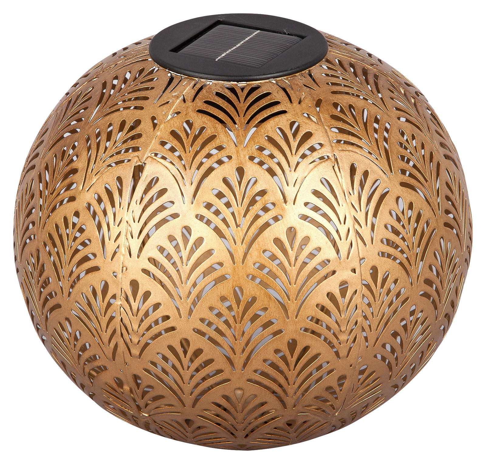 Goldene Solarleuchte mit filigranem Muster, seitliche Perspektive