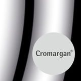 Nahaufnahme eines glänzenden Metallmaterials mit dem Schriftzug 'Cromargan'.
