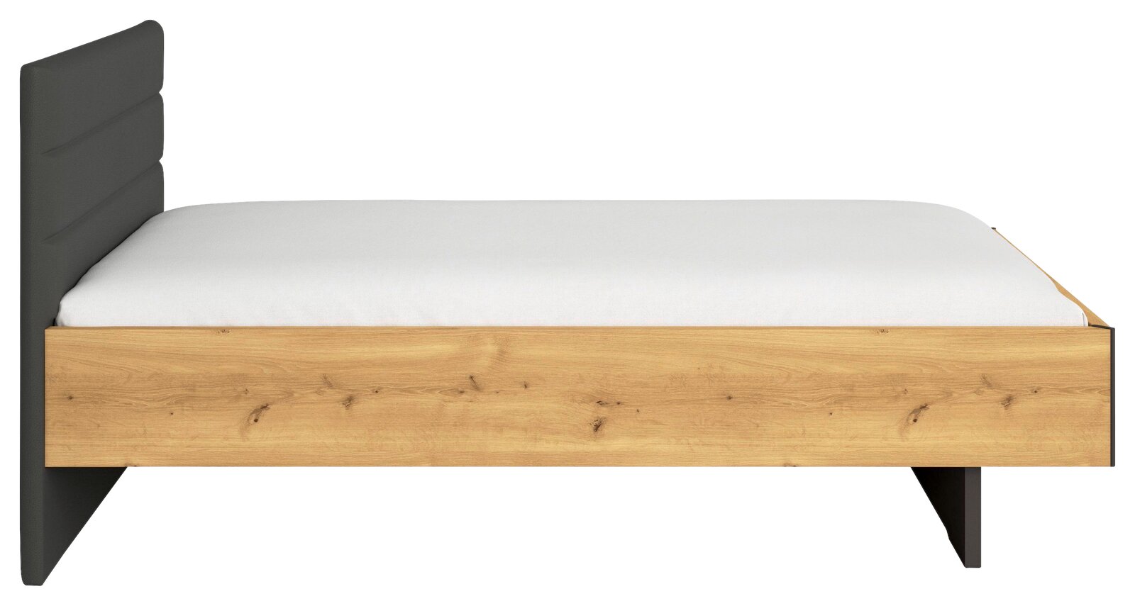 Modernes Bett mit gepolstertem dunkelgrauem Kopfteil, Holzrahmen in Eiche-Optik und weißer Matratze, Seitenansicht von links.