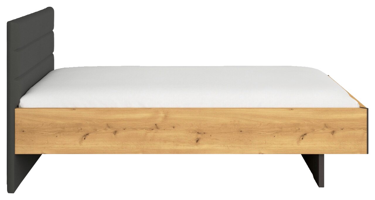Modernes Bett mit gepolstertem dunkelgrauem Kopfteil, Holzrahmen in Eiche-Optik und weißer Matratze, Seitenansicht von links.
