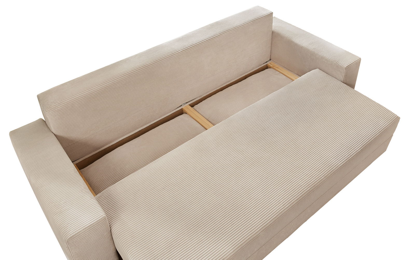 Funktionssofa in beige aus der Vogelperspektive, teilweise ausgeklappt mit sichtbarem Holzrahmen.