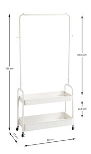 Rollgarderobe aus weißem Metall mit zwei Ablageflächen und Rollen, seitliche Ansicht.