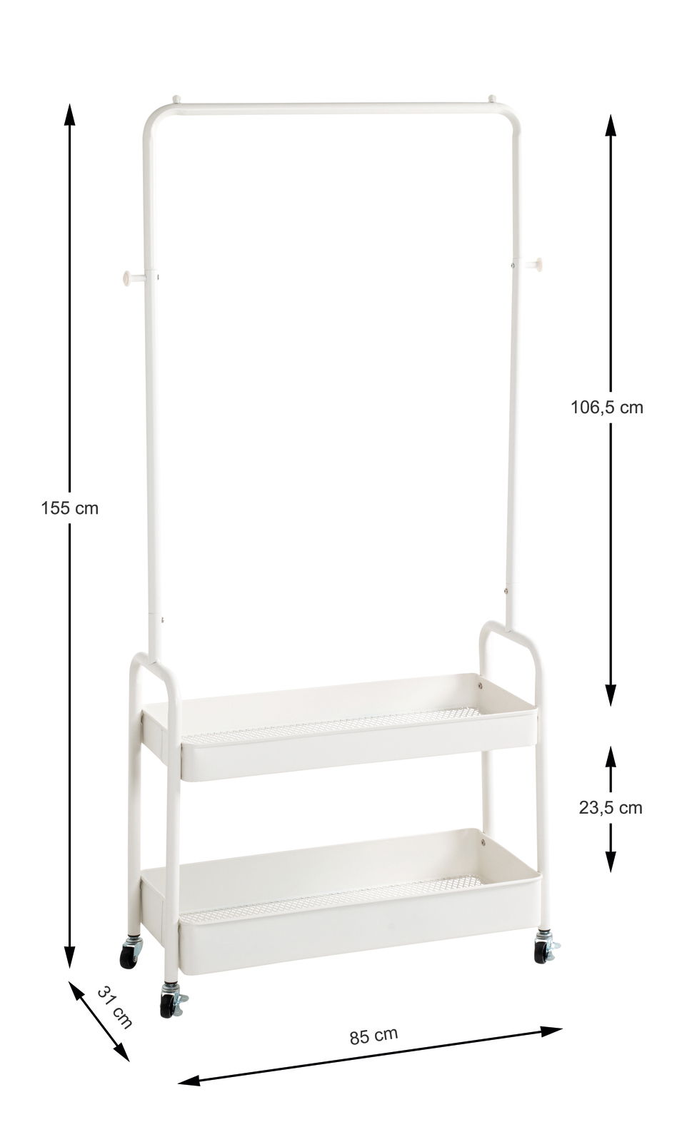 Rollgarderobe aus weißem Metall mit zwei Ablageflächen und Rollen, seitliche Ansicht.