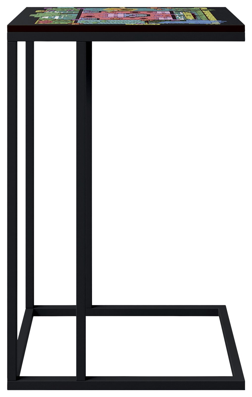Schwarzer Beistelltisch mit rechteckiger Tischplatte und farbigem Muster, seitliche Ansicht in leichter Untersicht vor weißem Hintergrund