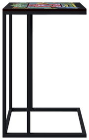 Schwarzer Beistelltisch mit rechteckiger Tischplatte und farbigem Muster, seitliche Ansicht in leichter Untersicht vor weißem Hintergrund