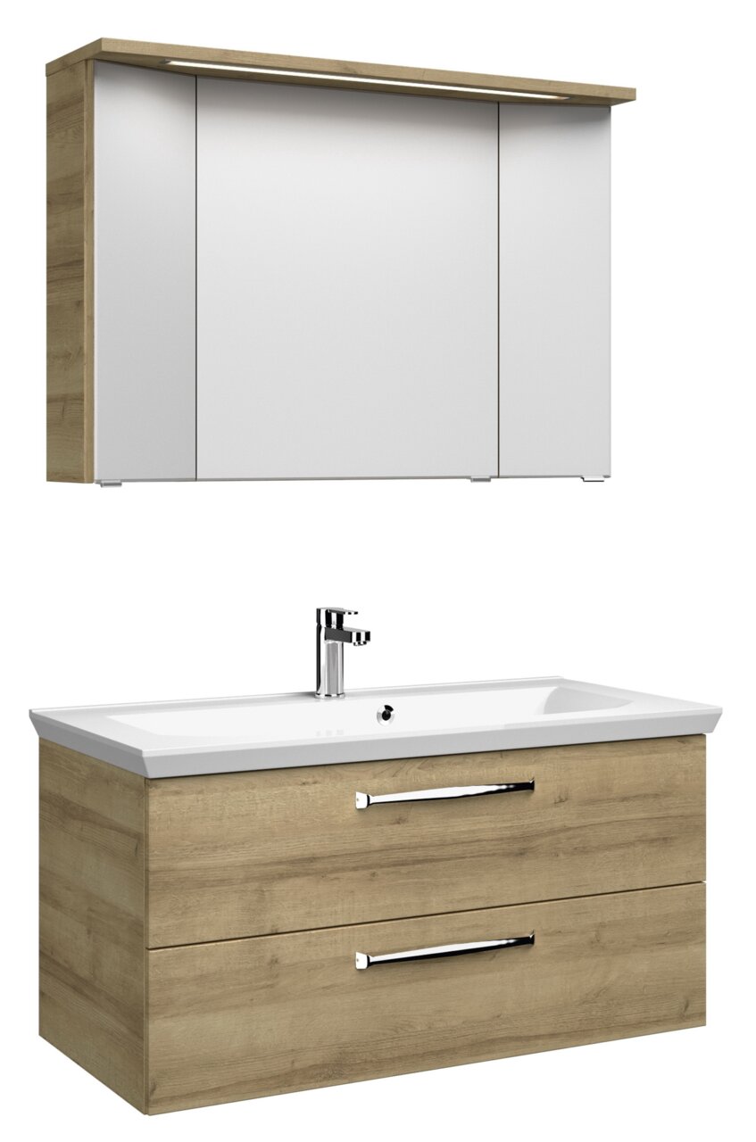 Pelipal Badblock 110cm TRENTINO Moderner Badblock mit Holzoptik und weißem Waschbecken, Frontalansicht