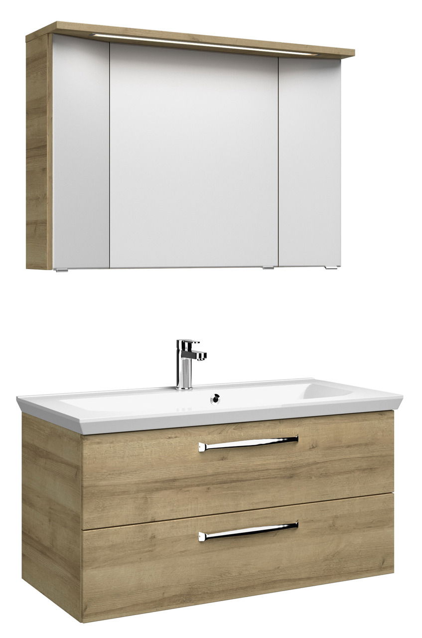 Pelipal Badblock 110cm TRENTINO Moderner Badblock mit Holzoptik und weißem Waschbecken, Frontalansicht