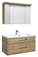 Moderner Badblock mit Holzoptik und weißem Waschbecken, Frontalansicht