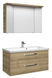 Moderner Badblock mit Holzoptik und weißem Waschbecken, Frontalansicht