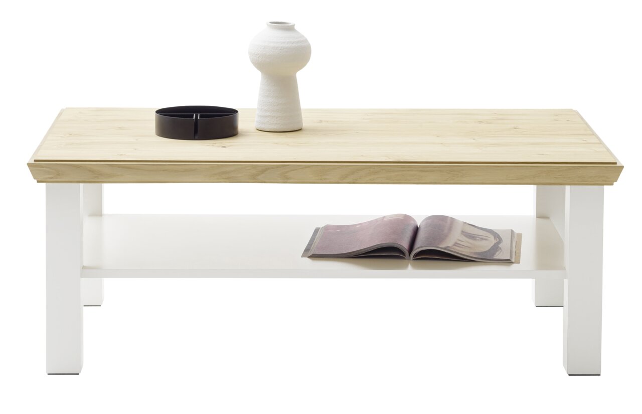 Moderne salontafel van licht hout met een wit onderstel, versierd met een vaas en een tijdschrift, gezien van voren.