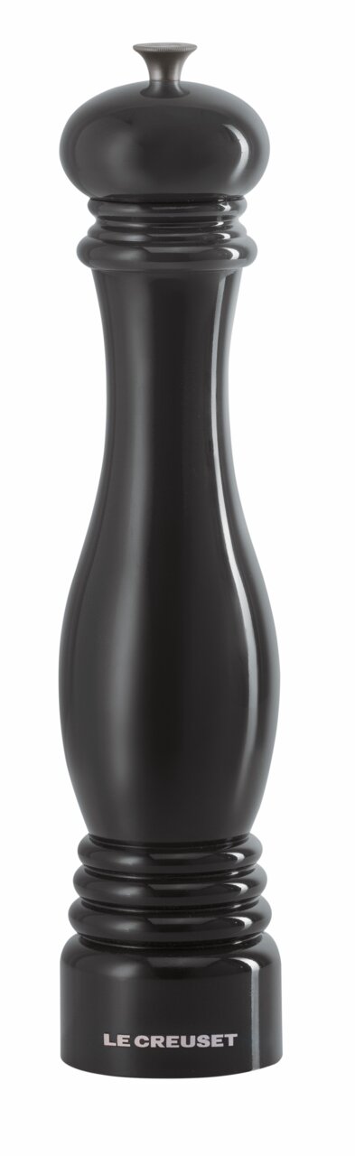 Schwarze Salzmühle von Le Creuset, 30 cm hoch, in Frontalansicht