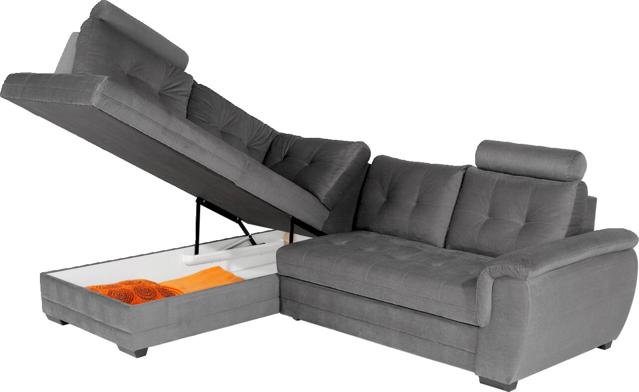 Graues Ecksofa mit Stauraum, teilweise geöffnet, seitliche Perspektive
