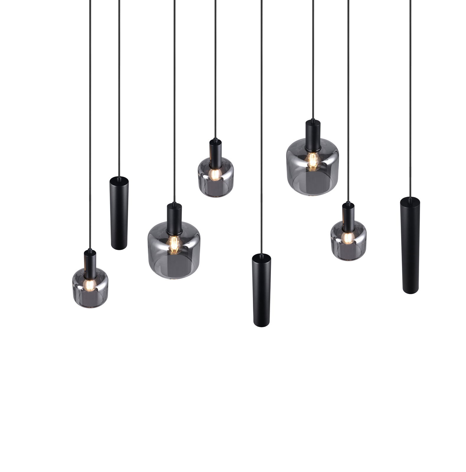 Moderne Pendelleuchte mit mehreren schwarzen und transparenten Lampenschirmen, von unten betrachtet.