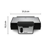 Frontansicht eines Waffeleisens mit Edelstahloberfläche und Bedienelementen, Maße 31,6 cm x 15,5 cm.