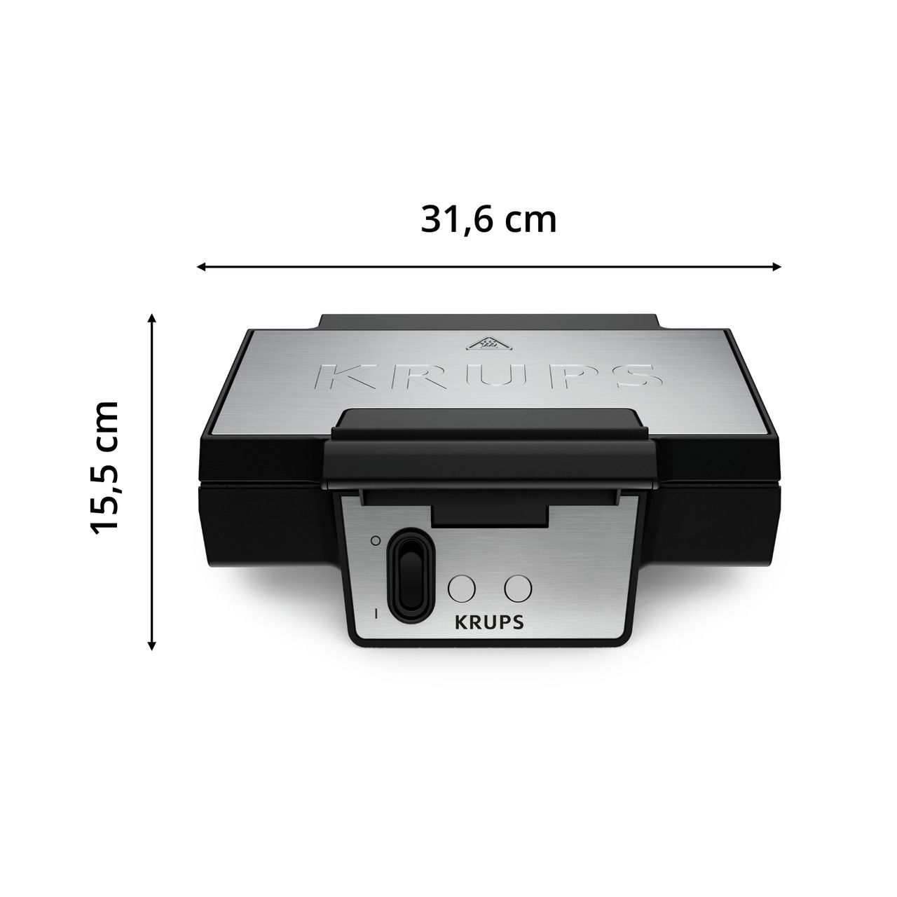 Frontansicht eines Waffeleisens mit Edelstahloberfläche und Bedienelementen, Maße 31,6 cm x 15,5 cm.