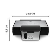 Frontansicht eines Waffeleisens mit Edelstahloberfläche und Bedienelementen, Maße 31,6 cm x 15,5 cm.