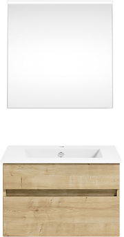 Frontale Ansicht einer modernen Badkombination mit einem großen Spiegel und einem Waschbeckenunterschrank in Holzoptik.