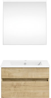 Frontale Ansicht einer modernen Badkombination mit einem großen Spiegel und einem Waschbeckenunterschrank in Holzoptik.