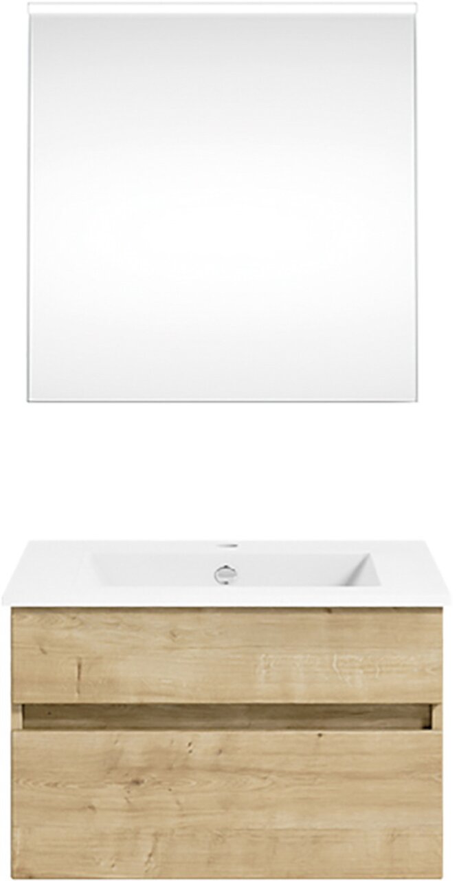 Frontale Ansicht einer modernen Badkombination mit einem großen Spiegel und einem Waschbeckenunterschrank in Holzoptik.