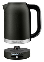 Schwarzer Wasserkocher mit 1,7 Liter Fassungsvermögen, seitliche Ansicht, mit abnehmbarer Basis und Temperaturanzeige.