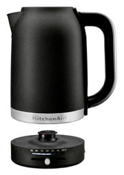 Schwarzer Wasserkocher mit 1,7 Liter Fassungsvermögen, seitliche Ansicht, mit abnehmbarer Basis und Temperaturanzeige.