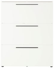 Weißer Schuhschrank mit drei Klappen und schwarzen Griffen, frontale Ansicht