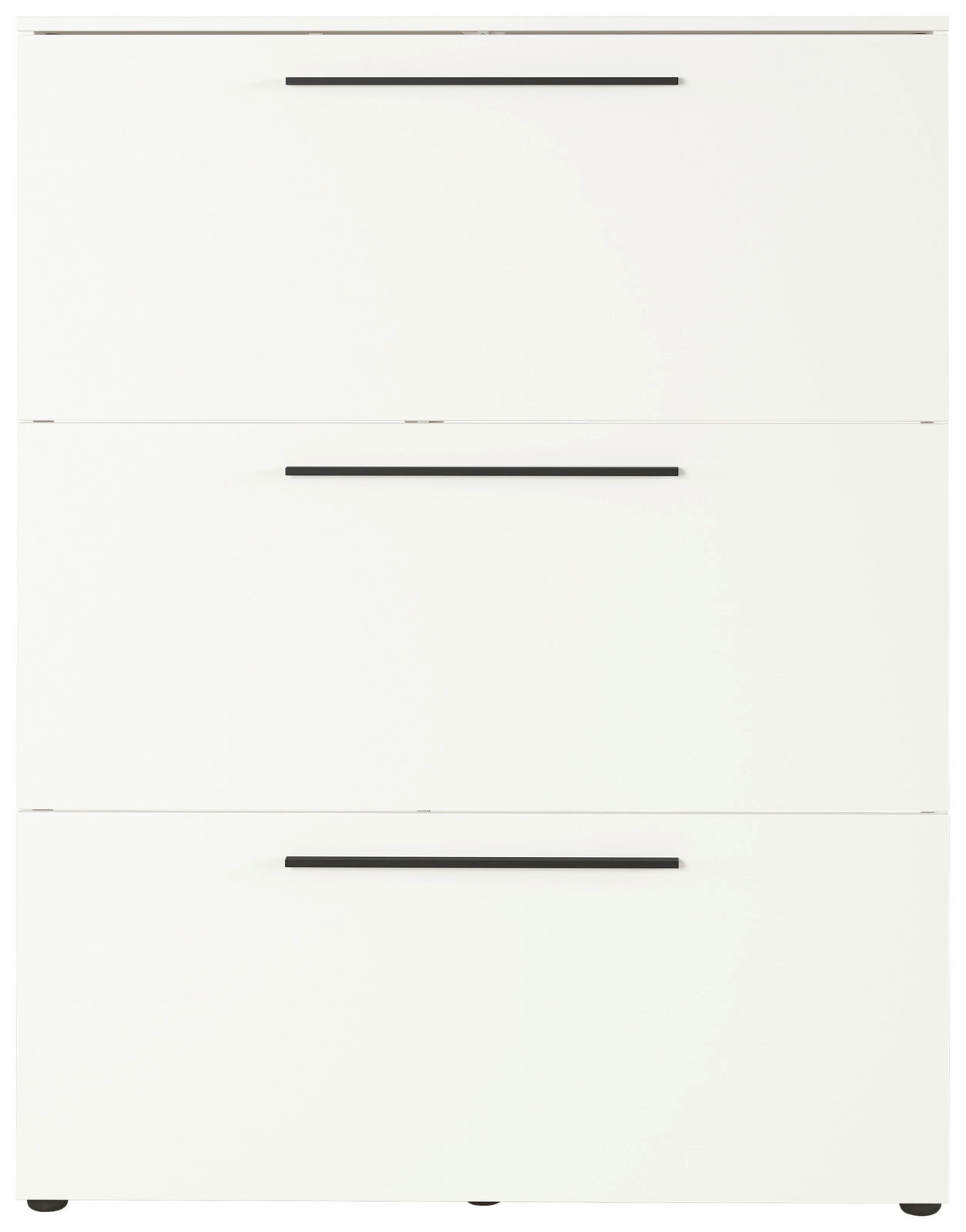 Weißer Schuhschrank mit drei Klappen und schwarzen Griffen, frontale Ansicht