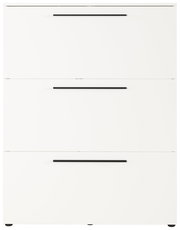 Weißer Schuhschrank mit drei Klappen und schwarzen Griffen, frontale Ansicht