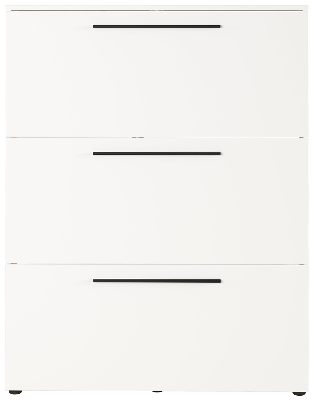 Weißer Schuhschrank mit drei Klappen und schwarzen Griffen, frontale Ansicht