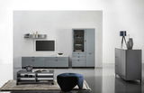 Moderne Wohnzimmermöbel in grauem Design, bestehend aus einem TV-Lowboard, einer Vitrine, einem Couchtisch und einem Sideboard, aus frontaler Perspektive.