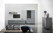 Moderne Wohnzimmermöbel in grauem Design, bestehend aus einem TV-Lowboard, einer Vitrine, einem Couchtisch und einem Sideboard, aus frontaler Perspektive.