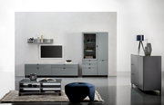 Moderne Wohnzimmermöbel in grauem Design, bestehend aus einem TV-Lowboard, einer Vitrine, einem Couchtisch und einem Sideboard, aus frontaler Perspektive.