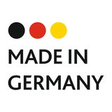 Logo mit drei Kreisen in Schwarz, Rot und Gelb über dem Text 'Made in Germany', frontale Ansicht