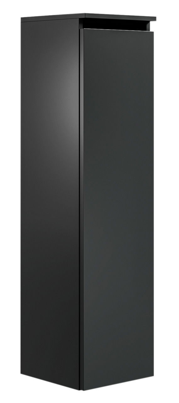 Schwarzer, moderner Badezimmerschrank in Frontalansicht mit glatter Oberfläche und minimalistischem Design.