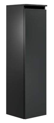 Schwarzer, moderner Badezimmerschrank in Frontalansicht mit glatter Oberfläche und minimalistischem Design.