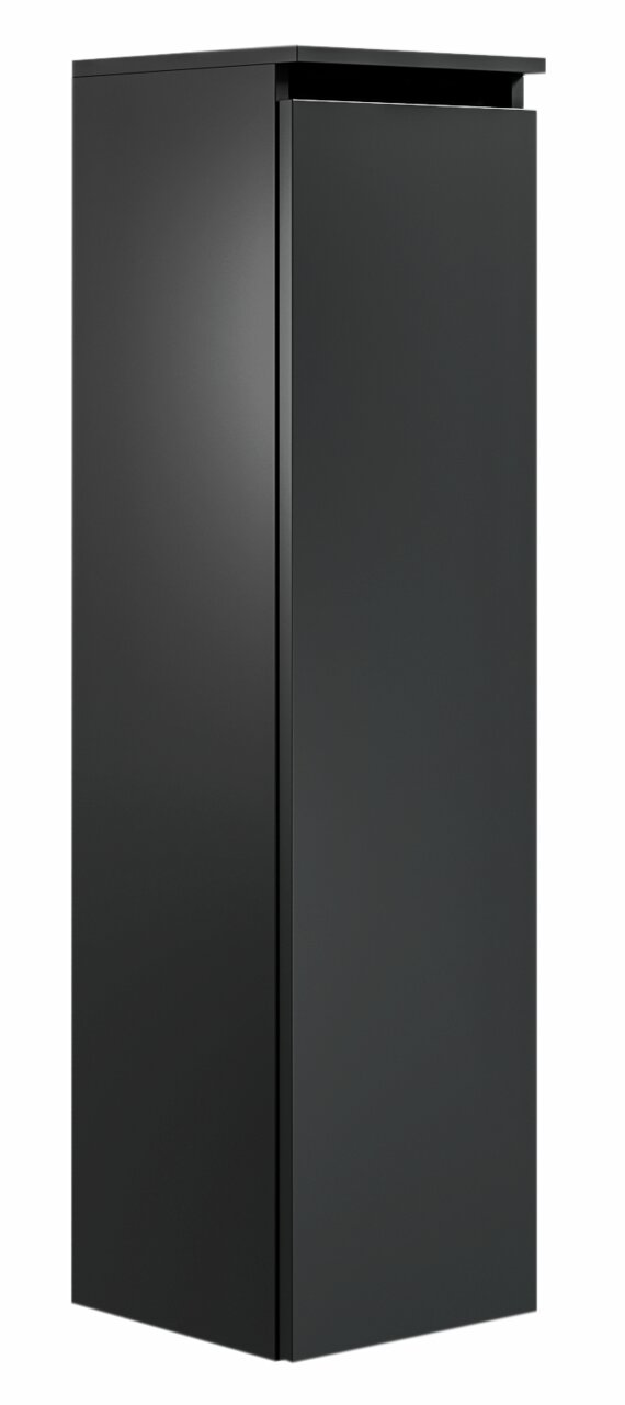 Schwarzer, moderner Badezimmerschrank in Frontalansicht mit glatter Oberfläche und minimalistischem Design.