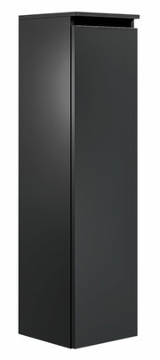 Schwarzer, moderner Badezimmerschrank in Frontalansicht mit glatter Oberfläche und minimalistischem Design.