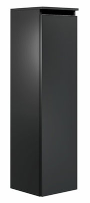 Schwarzer, moderner Badezimmerschrank in Frontalansicht mit glatter Oberfläche und minimalistischem Design.