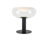 Moderne Tischleuchte mit klarem Glas und schwarzem Sockel, seitliche Perspektive